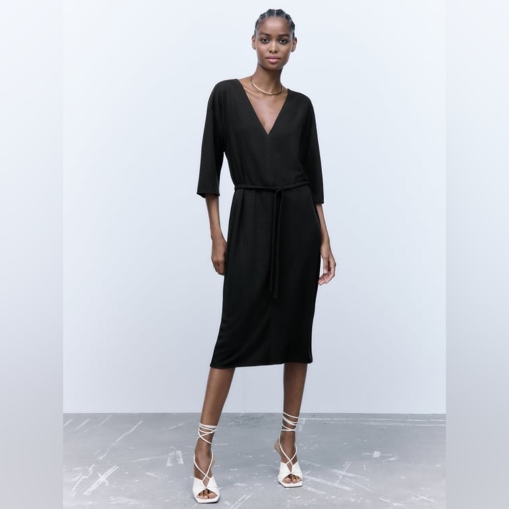 Zara Belted Midi Dress - Black